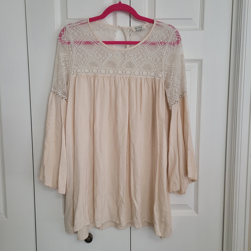 NHIM Cream Lace Boho Short Dress Or Long Blouse